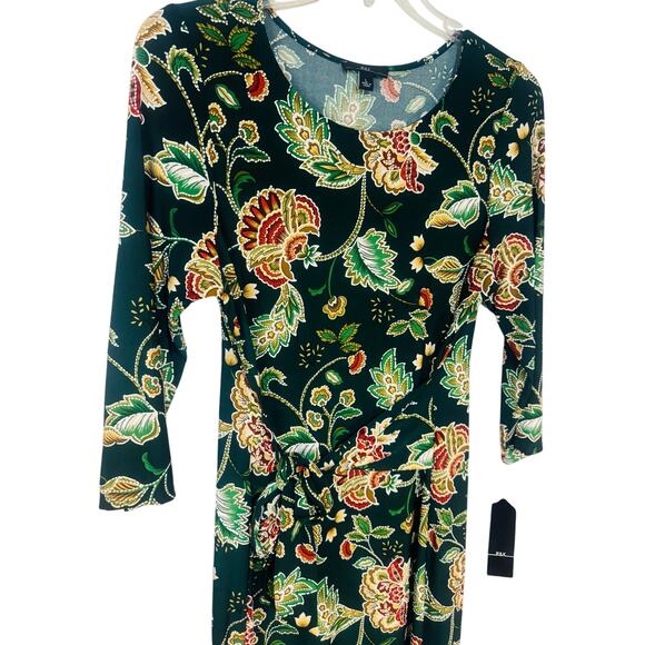 NWT R&K Floral Midi Dress Tie Belt Women’s Sz Large 3/4 Sleeve Green - Picture 4 of 10